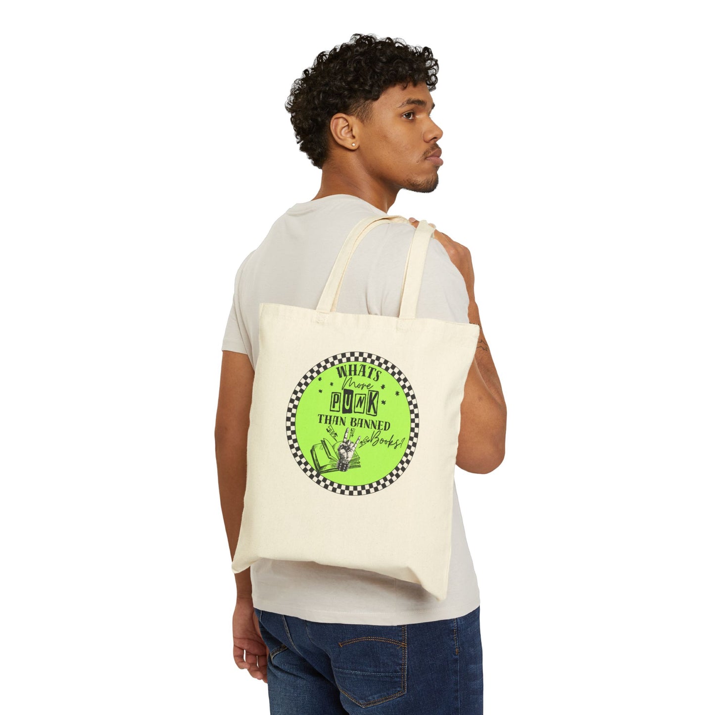 Tote Bag — “What’s Punk Than Banned” Vintage Checkerboard Cotton Canvas Tote